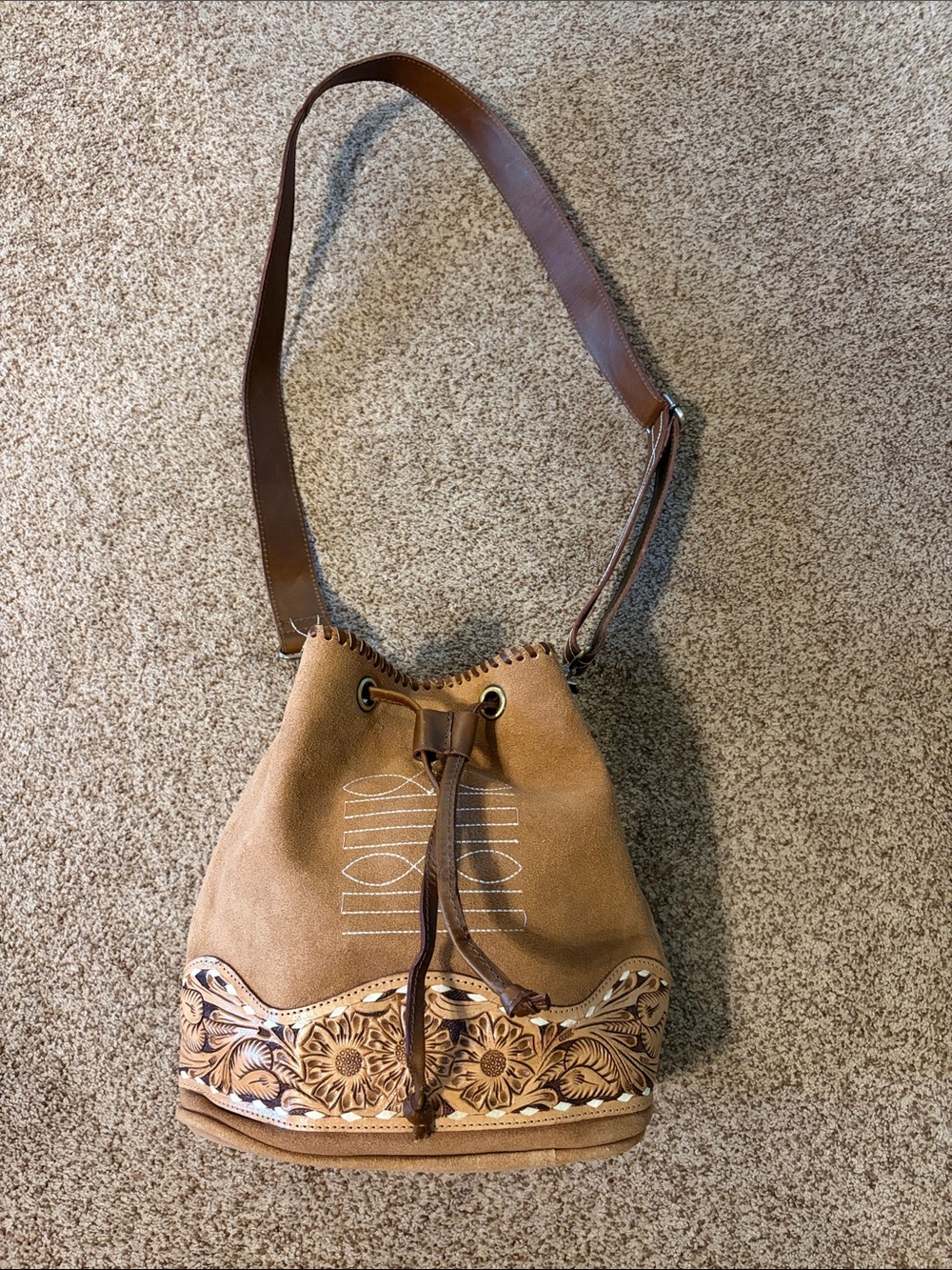Suede Drawstring Bucket Bag in Tan - Picture 2 of 3